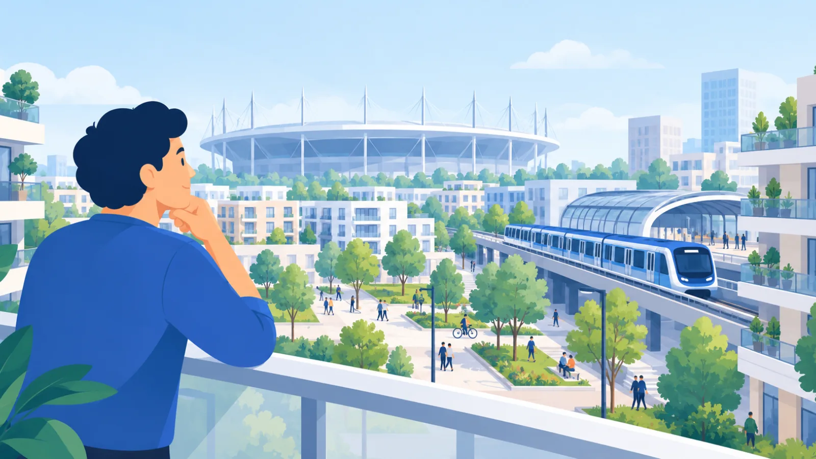 Jeune homme accoudé à un balcon face au Stade de France, à un métro aérien et à un quartier neuf arboré